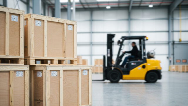 Un homme sur un chariot élévateur jaune est occupé à trier des marchandises dans un entrepôt logistique.